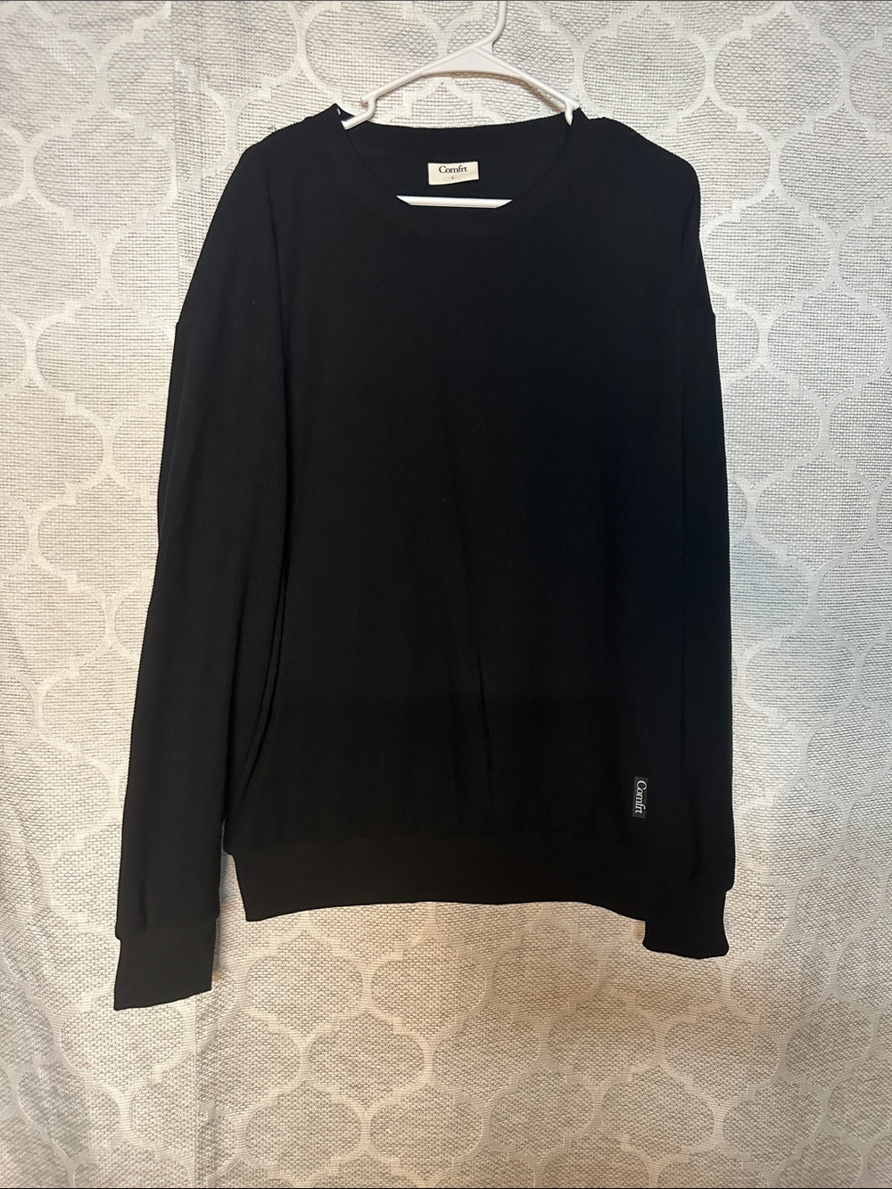 Comfrt Textured Crewneck Sweatshirt Black Micro Ribbed Grid Pullover Fleece L